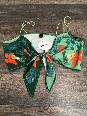 SHEIN Green Floral Bikini Top with Orange Accents